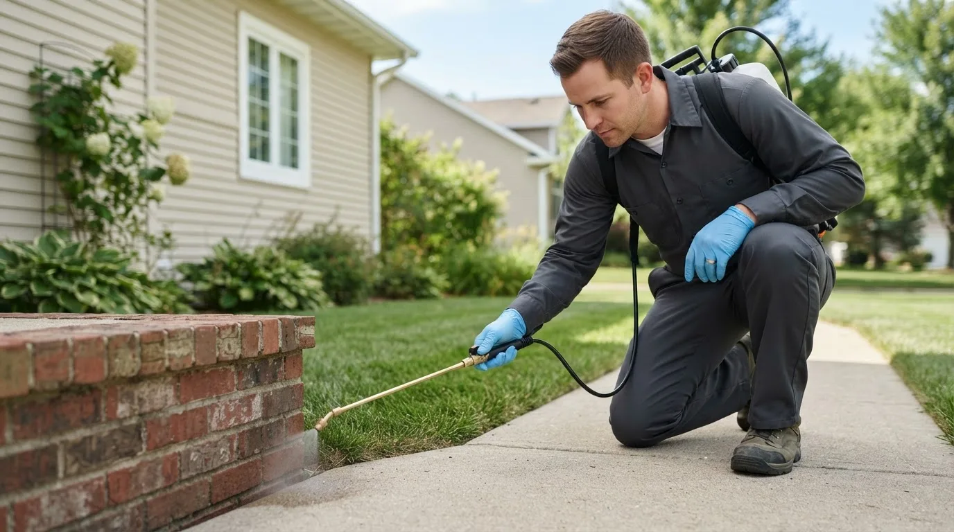 Pest control technician treating a home near Forest River, ND